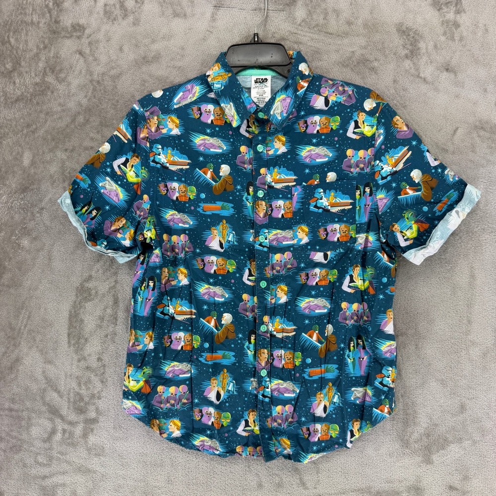 Star Wars Shirt Mens Small All Over Character Print Teal Blue Button Down EUC